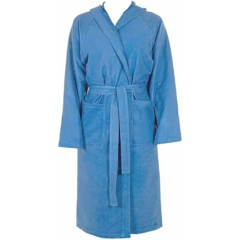 Peignoir Microfibre Moderne Couleur Unie Doux Homme Femme Ceinture Poches Capuche Bleu - L