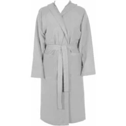 Peignoir Microfibre Moderne Couleur Unie Doux Homme Femme Ceinture Poches Capuche Gris - S