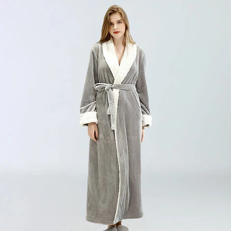 Peignoir Polaire Femme, Robe De Chambre Peignoir à Doux Avec Poches Hiver Cadeau De Noël L Gris WHWY
