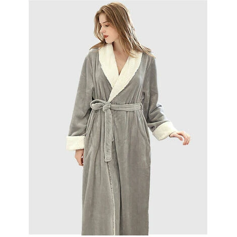 Peignoir Polaire Femme, Robe De Chambre Peignoir à Doux Avec Poches Hiver Cadeau De Noël L Gris WHWY – Image 3