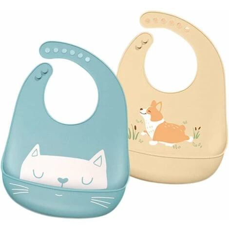 Bébé Bavoir Silicone Souple, Lot De 2 Bavoirs Imperméables En Silicone Facile à Nettoyer - Ultra Doux En Silicone - Avec Large Poche Attrape-miettes