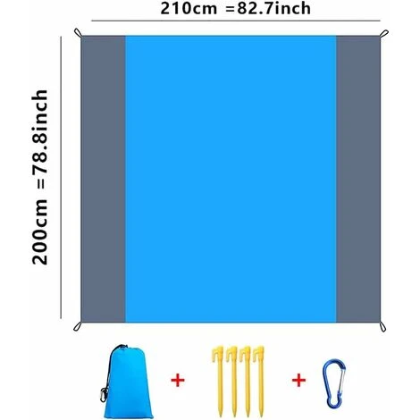 SVKBJROY Tapis De Plage Imperméable, Tapis De Plage 200 X 210cm Grande Couverture De Plage Imperméable Anti-Sable Avec 4 Piquets Pour Plage Voyage Camping Randonnée Pique-Nique Vacances, Gris + Bleu – Image 2
