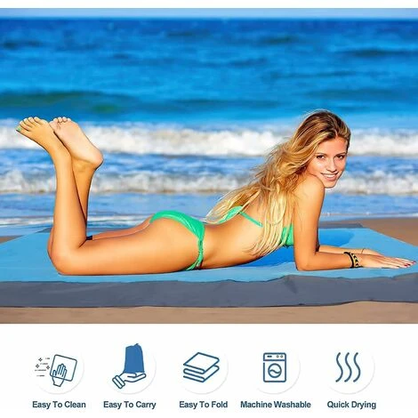 SVKBJROY Tapis De Plage Imperméable, Tapis De Plage 200 X 210cm Grande Couverture De Plage Imperméable Anti-Sable Avec 4 Piquets Pour Plage Voyage Camping Randonnée Pique-Nique Vacances, Gris + Bleu – Image 3
