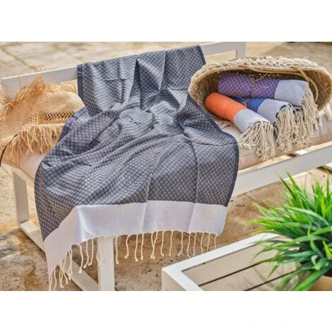 Fouta En Coton Petit Losange 100x200cm Bleu Marine – Image 2