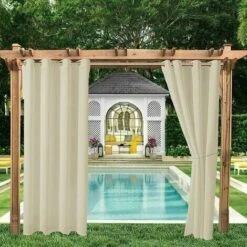 Rideaux Extérieurs Jardin Patio Gazebo Rideaux Occultants Coupe-vent Protection UV Et Anti-moisissure, Rideaux Isolants Thermiques Avec Boutonnières, Largeur 120cm X Hauteur 150 Cm, 2 Panneaux, Beige