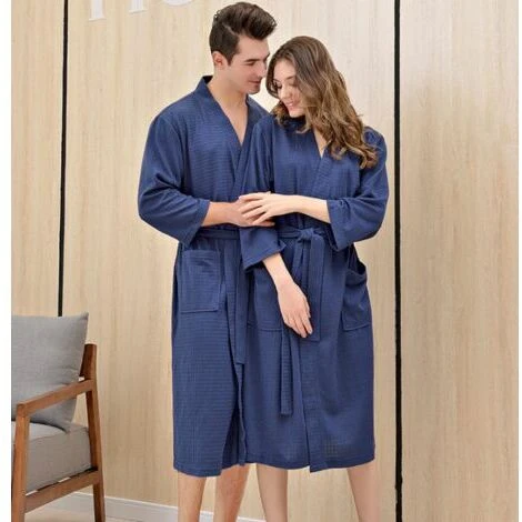 Peignoir Adulte Peignoir Gaufré Vêtements De Sauna Chemise De Nuit Fine Unisexe Marine Xl – Image 2