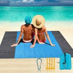 Couverture De Plage Extra Large 210 Cm X 200 Cm Imperméable Et Résistante Au Sable Couverture De Pique-nique Légère Pliable Avec 4 Clous Fixes Pour L'extérieur, Camping, Randonnée, Pique-niqu