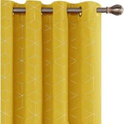 Deconovo Lot De 2 Rideaux Occultants Thermique Anti Froid Isolant A Oeillets Rideau Chambre Garcon Avec Motif Argente Jaune Moutarde 132x183cm