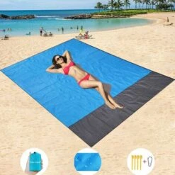 PlaidăTapis De Plage, Extra Large 200 Cm X 210 Cm Couverture De Pique-Nique ImpermĂ©able Anti-Sable, Lavable En Machine Nylon Avec 4 Piquets (Bleu )
