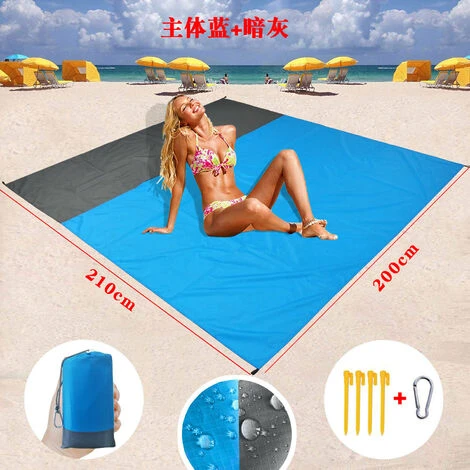 Plaid Tapis De Plage, Extra Large 200 Cm X 210 Cm Couverture De Pique-Nique Imperméable Anti-Sable, Lavable En Machine Nylon Avec 4 Piquets (Bleu ) – Image 5