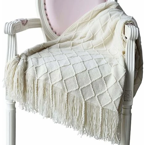 Couverture Douce Tricotée Avec Pompon Couverture De Canapé Couverture De Canapé Couverture De Jet (Beige)