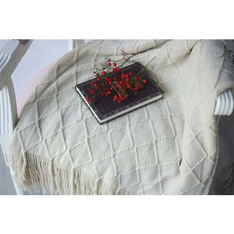 Couverture Douce Tricotée Avec Pompon Couverture De Canapé Couverture De Canapé Couverture De Jet (Beige) – Image 3