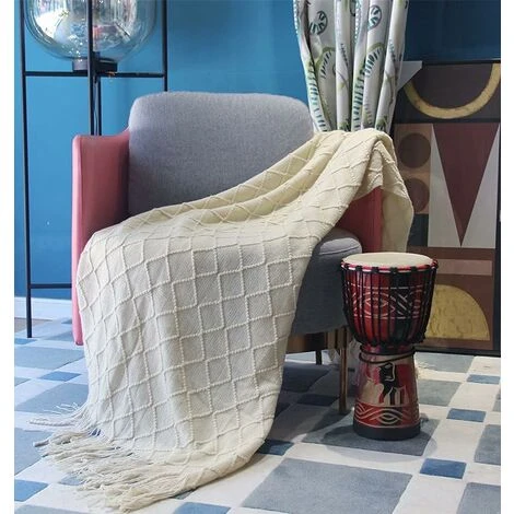 Couverture Douce Tricotée Avec Pompon Couverture De Canapé Couverture De Canapé Couverture De Jet (Beige) – Image 4