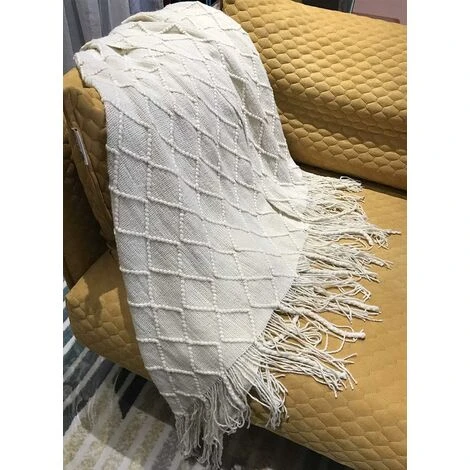 Couverture Douce Tricotée Avec Pompon Couverture De Canapé Couverture De Canapé Couverture De Jet (Beige) – Image 5